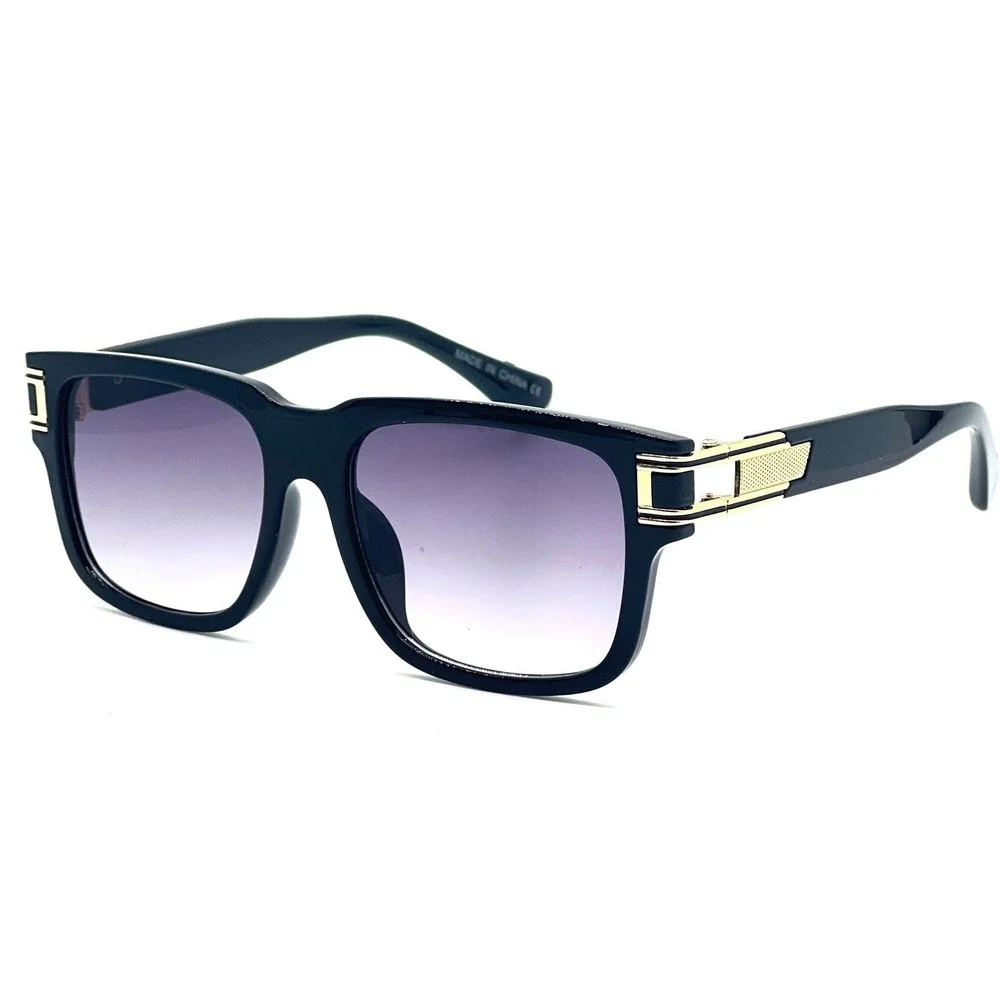 Square Sunglasses Black Frame Gold Accent Black‎ Lens Fashion Shades Street Wear